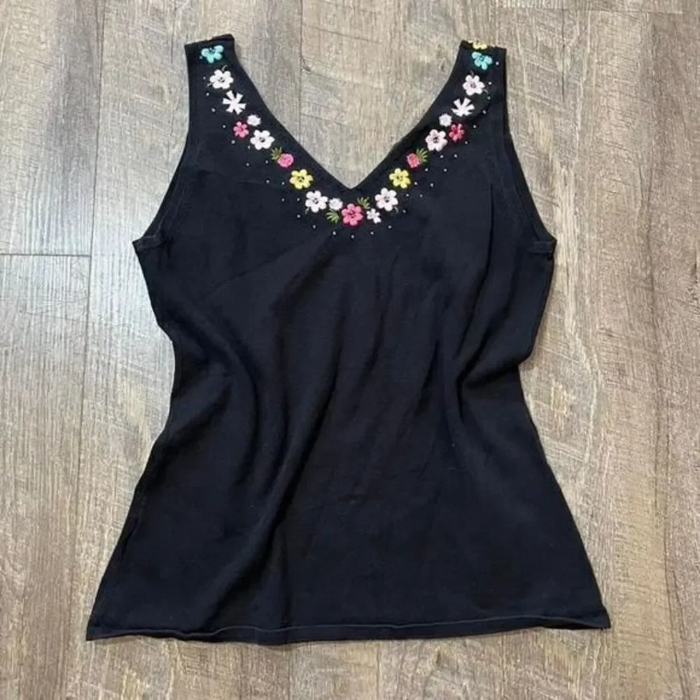 2000s Dressbarn  Black Floral Embroidered V Tank Cami Womens‎ Size Medium/6 - Picture 4 of 4